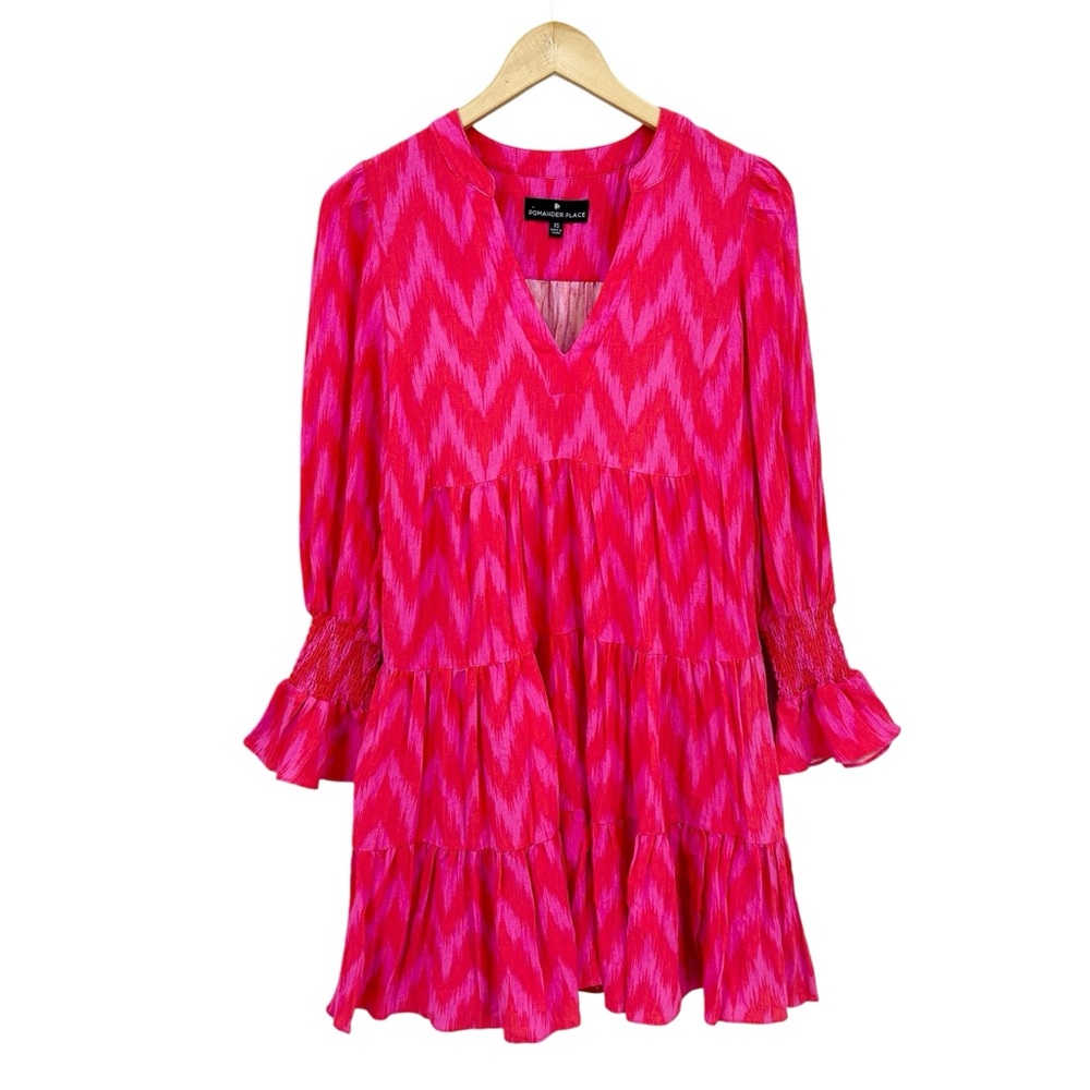 POMANDER PLACE Dress Kenzo Ikat Print V-neck Tiered Long Sleeve